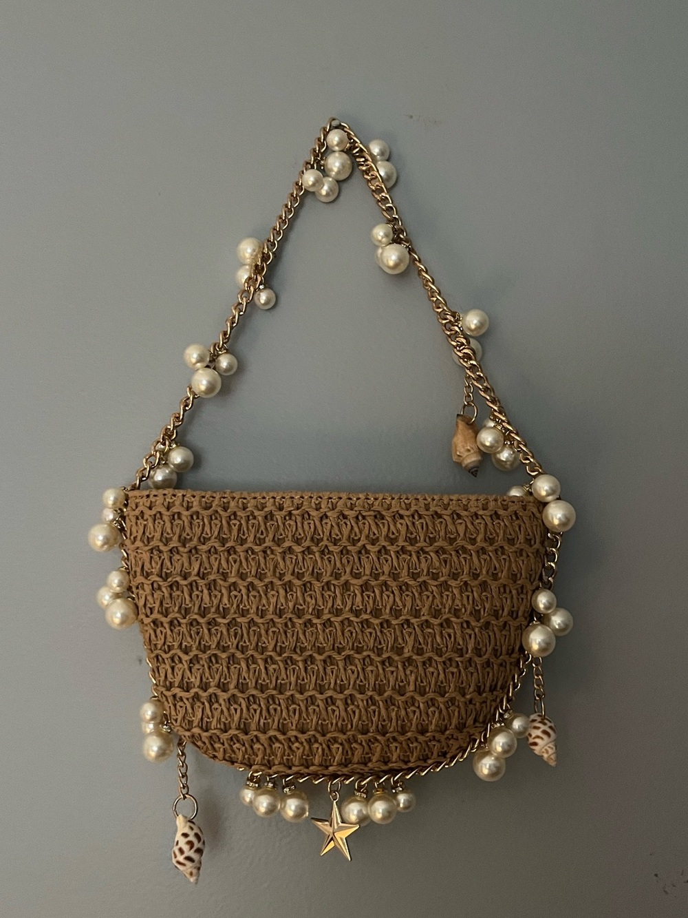 Urban Expressions Brown Woven Pearl-Accented Shoulder Bag